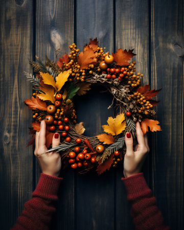 Female hands hold a wreath of autumn leaves and berries on a dark wooden background.の素材