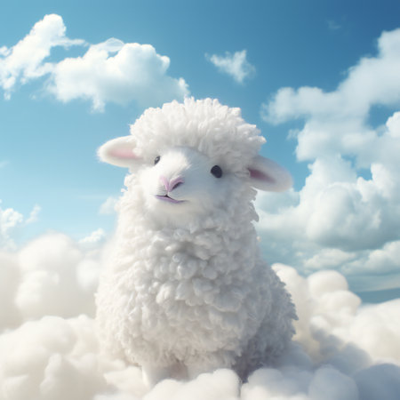 White sheep in the clouds on blue sky background. 3d illustrationの素材