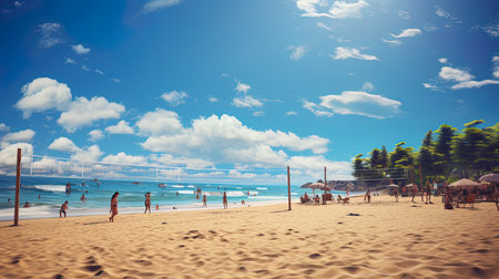 Tropical beach with umbrellas and people on a sunny dayの素材