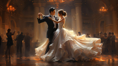 Wedding couple dancing in a theater with lights and smoke.の素材