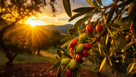 Olive tree with ripe olives at sunset. Mediterranean olive treeの素材