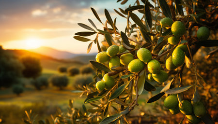Green olives on olive tree branch at sunset in Tuscany, Italyの素材