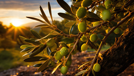 Olive branch with green olives at sunset, mediterranean olive treeの素材