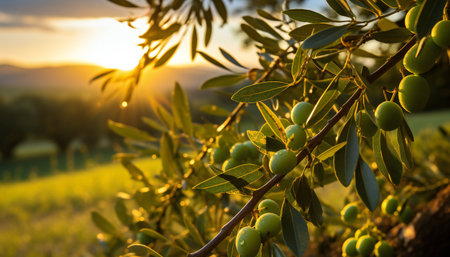 Green olives on olive tree branch at sunset. Olive grove in Italy.の素材