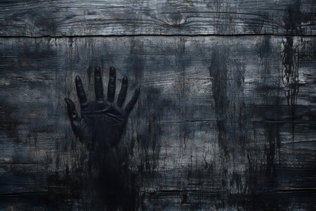 Black hand on a wooden background. The concept of horror and fear.の素材