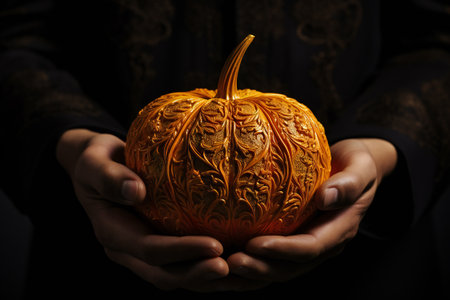 Halloween pumpkin in the hands of a witch on a dark backgroundの素材