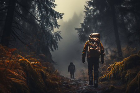 Hiker with backpack walking on the path in the misty forestの素材