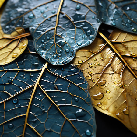 Close up of water drops on yellow and blue leafs. Nature backgroundの素材