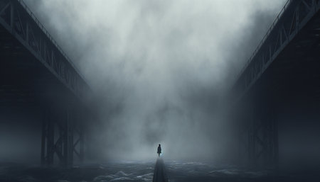 Mysterious silhouette of a man standing in the middle of a misty bridgeの素材