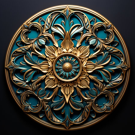 3d illustration of ornamental mandala in blue and gold colorsの素材