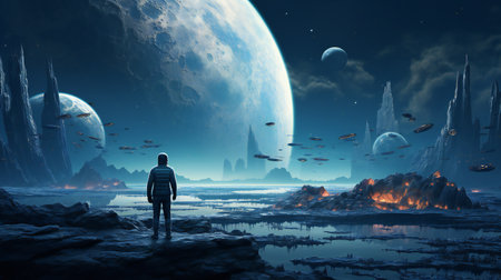 Woman looking at alien planet. Fantasy landscape. 3D Renderingの素材