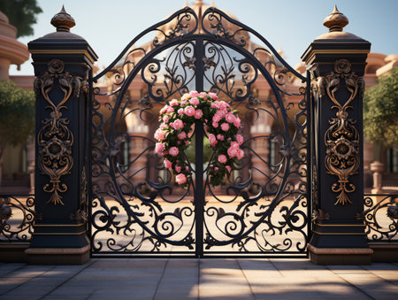 Wedding arch decorated with beautiful pink roses. 3D renderingの素材