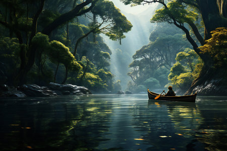 Fisherman in a boat on the river in the forest.の素材