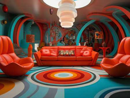 Interior of a living room with a red sofa and orange armchairsの素材