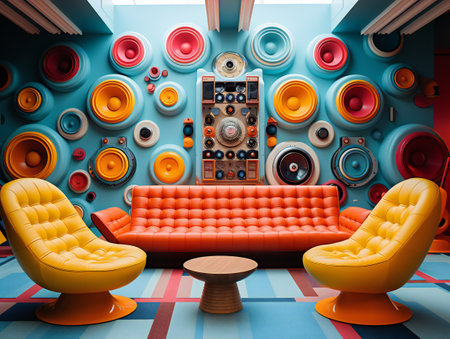 Interior of modern living room with orange sofa and colorful loudspeakersの素材