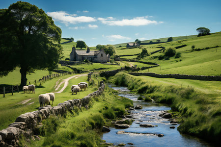 Idyllic landscape image of a small river flowing through the countryside in the Peak Districtの素材
