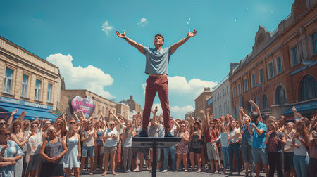 Open-air festival of pop culture in Moscow. A man with a microphone on the background of dancing peopleの素材