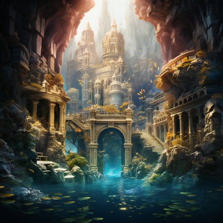 Fantasy landscape with fantasy temple in the water. 3D renderingの素材