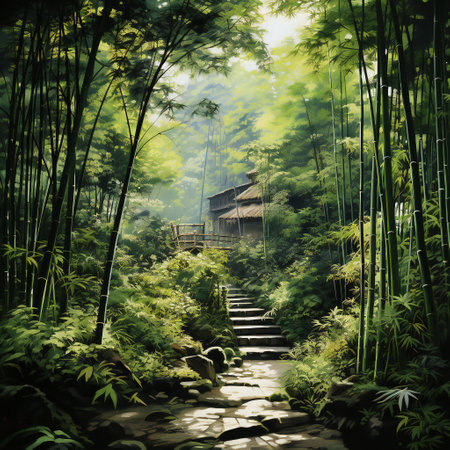Bamboo forest in the morning, nature background. 3d renderの素材