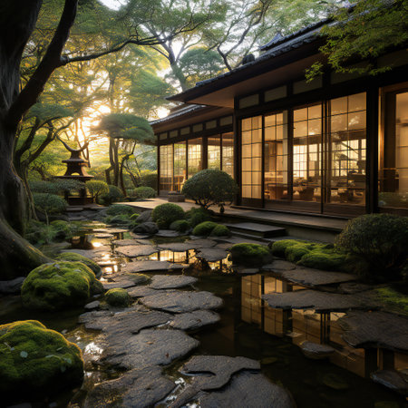 Japanese garden at sunset, Tokyo, Japan. 3D rendering.の素材