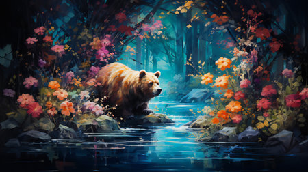 Wild brown bear on the lake in autumn forest. Digital painting.の素材