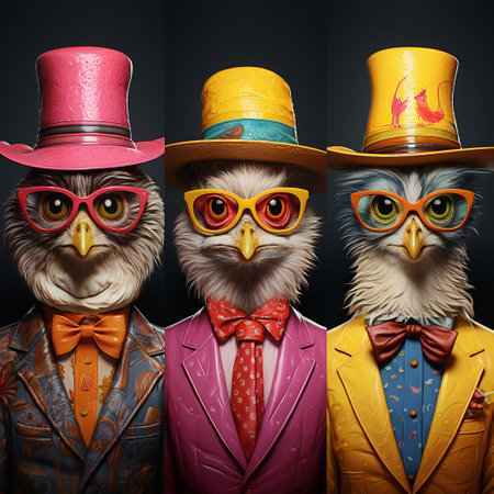 Group of three owls in hats and glasses. Fashion concept.の素材
