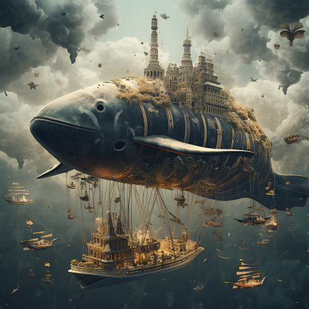 Fantasy alien planet with a giant submarine. 3D illustration.の素材