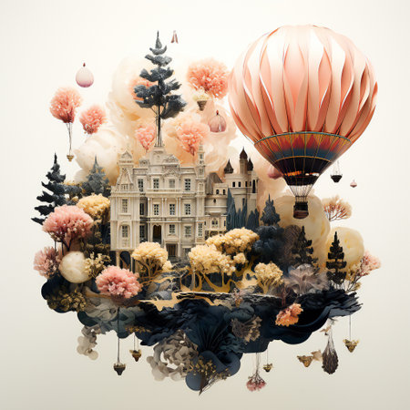 Hot air balloon in the sky with beautiful flowers. 3d illustrationの素材