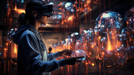 Young woman in virtual reality headset touching glowing light bulb. Mixed mediaの素材