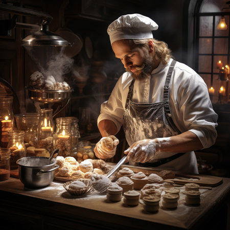 Male baker making croissants in the kitchen of the bakery.の素材
