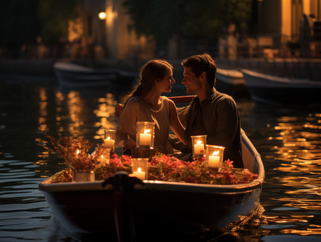 Romantic couple in a boat with candles on the canals of Veniceの素材