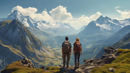 Couple of hikers looking at the top of a mountain in the Alpsの素材