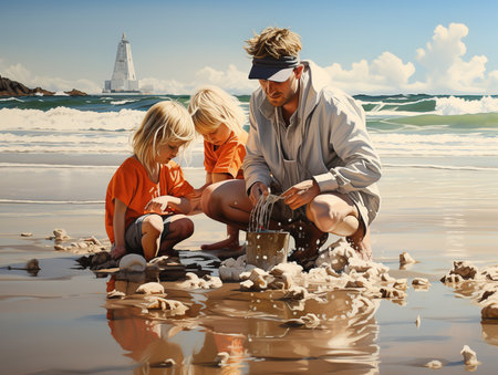 Family on the beach playing with water and stones in front of lighthouseの素材