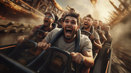 Group of friends having fun on rollercoaster in amusement park.の素材