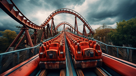 Amusement park with rollercoaster on a cloudy day.の素材