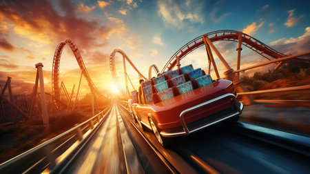 Car with luggage on the roller coaster at sunset. 3d renderingの素材