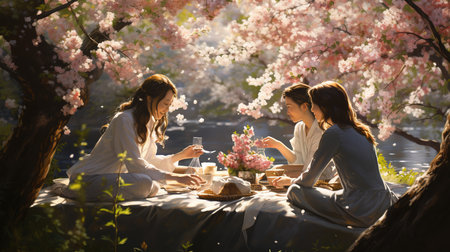 Two young women having picnic in the park under cherry blossom treeの素材