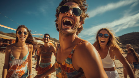 Group of friends having fun on the beach - People having fun on the beachの素材
