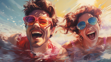 Portrait of a cheerful young couple in sunglasses swimming in the sea.の素材
