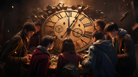 Group of young people sitting around the table and looking at the clockの素材