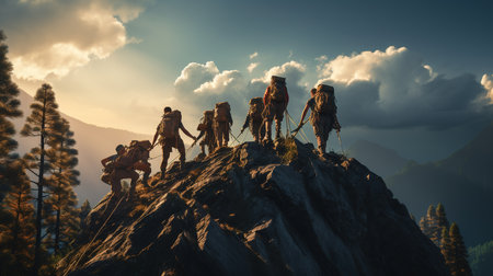 3D rendering of a group of mountaineers on top of a mountainの素材