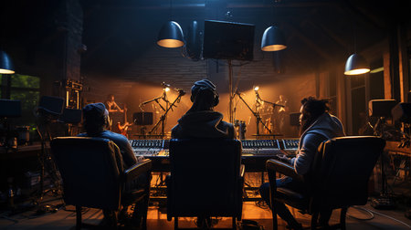 Music band performing live at night club. Musicians and musicians in dark room.の素材