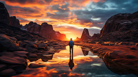 Fantasy landscape with a man standing in the middle of the waterの素材