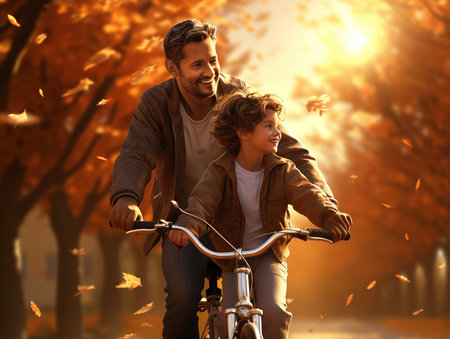 Happy father and son riding bicycle in autumn park. Concept of friendly family.の素材