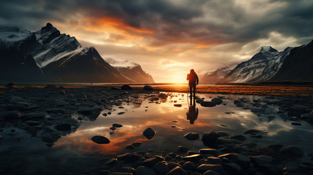 Sunset in the mountains of Iceland. Travel and adventure concept.の素材