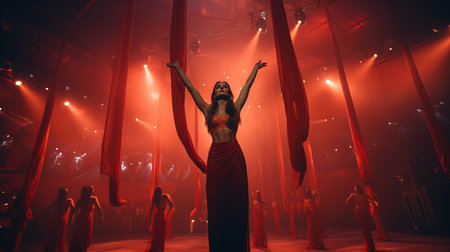 A girl in a red dress dances on a red stage with red curtains.の素材