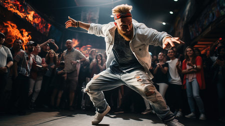 Foto de Young man dancing hip-hop in the night club. Hip-hop culture. - Imagen libre de derechos