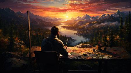 Man sitting at the table in front of a lake at sunset in the mountainsの素材