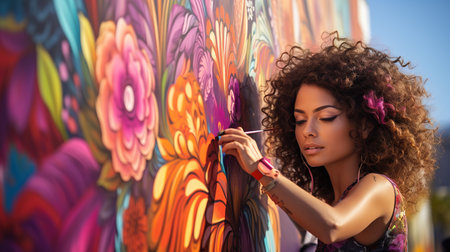 Portrait of a beautiful young woman with afro hairstyle, painting graffiti on the wall.の素材