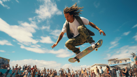 Skateboarder jumping in the air on a sunny day.の素材